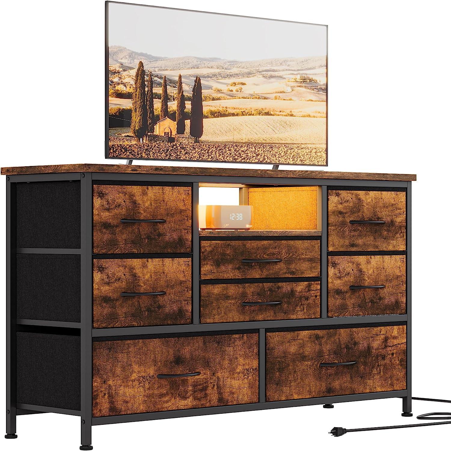INDSUMOT 8 Dresser TV Stand with Power Outlet & LED for 55'' TV, Long Dresser for Bedroom with 8 Deep Drawers, Wide Console Table for Storage in Closet, Living Room, Entryway, Wood Top(Rustic Brown)