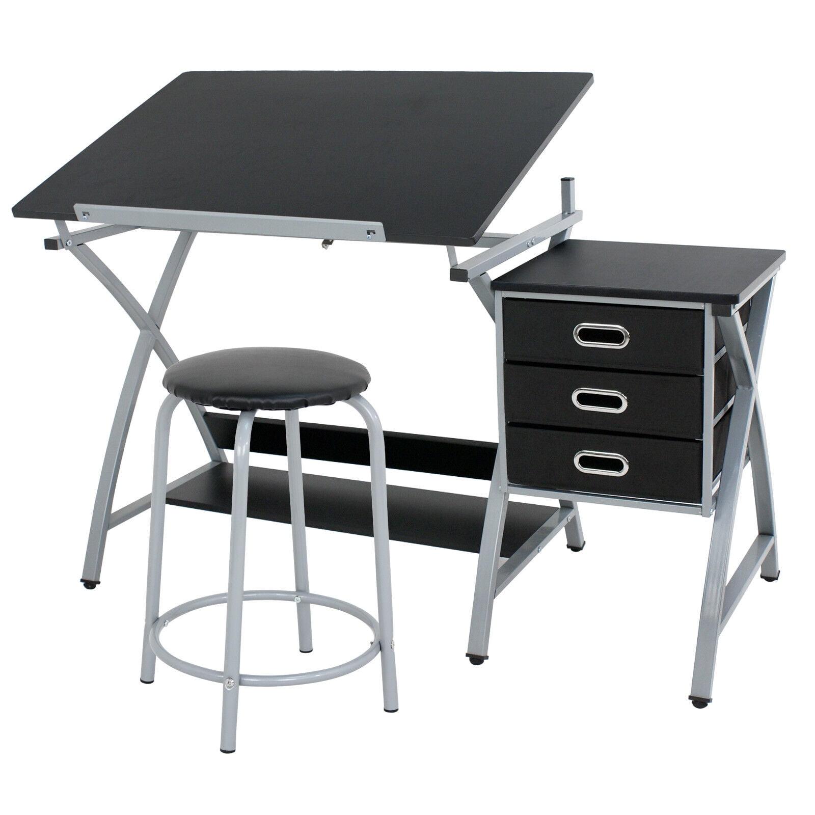 Black Adjustable Drafting Table with Shelving and Drawers