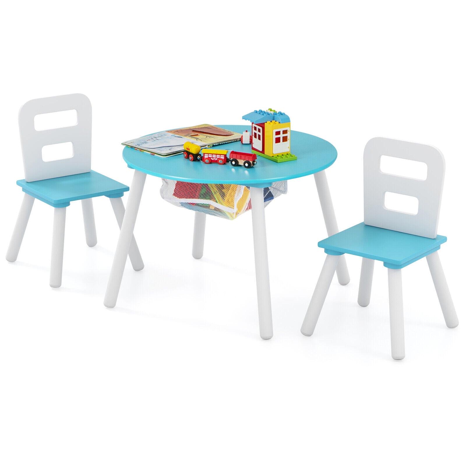 INDSUMOT Kids Table and Chair Set, Wooden Children Activity Table and 2 Chairs for Art & Craft, Storage Mesh Basket, 3-Piece Toddler Furniture Set for Daycare & Playroom, Gift for Boys Girls(Blue)