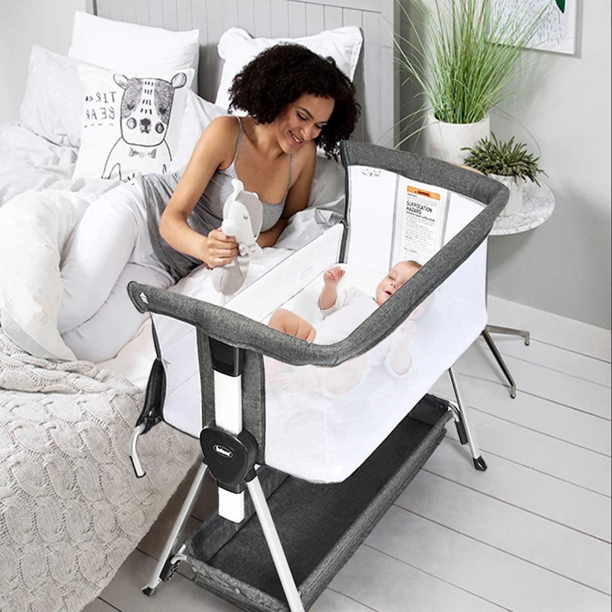 OLAKIDS Baby Bassinet Bedside Crib, Newborn Sleeper w/Large Storage Basket, Adjustable Heights & Angle, Detachable Mattress, Breathable Mesh, Easy Moving Bed Side, Dark Grey