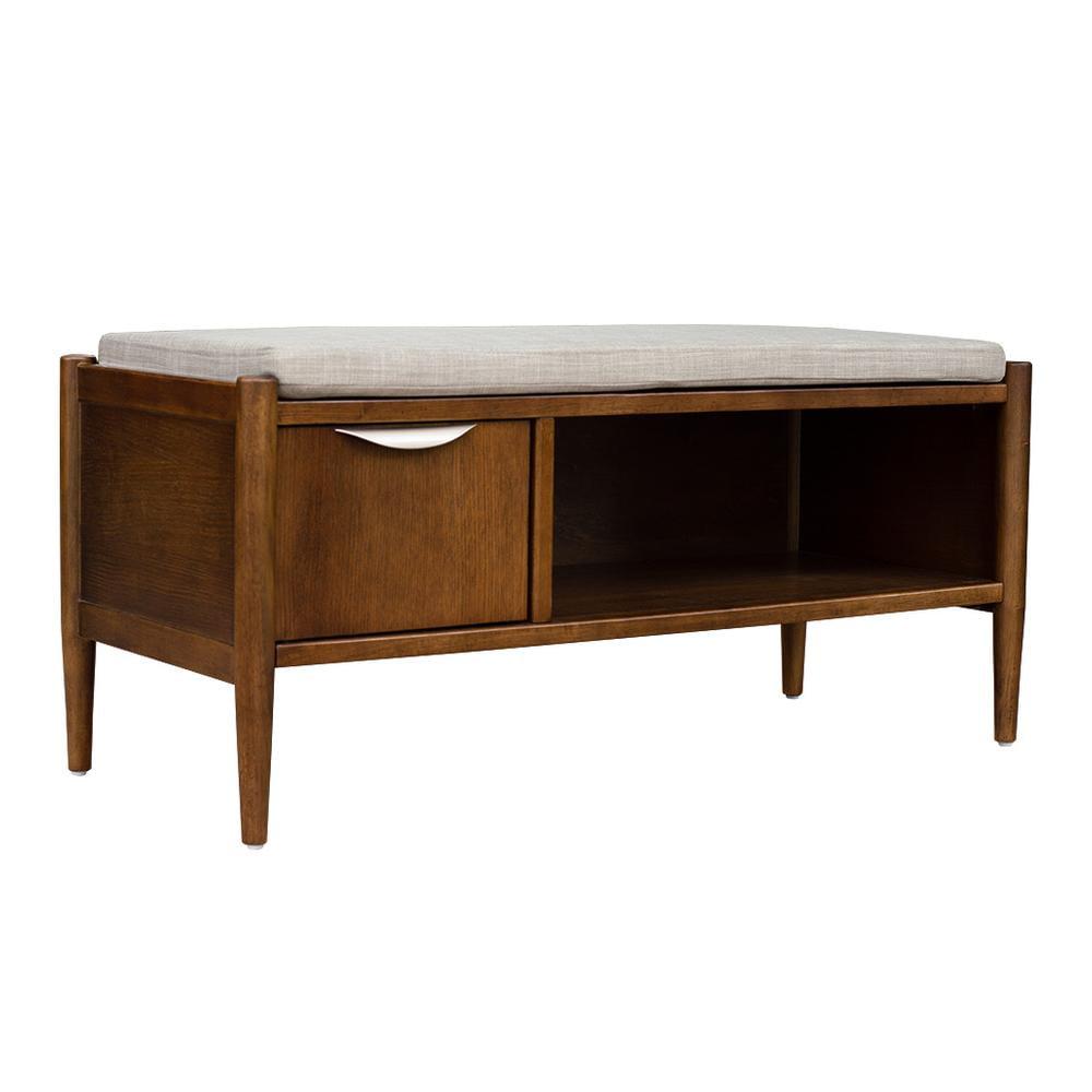 Mid-Century Walnut Storage Bench with Upholstered Cushion