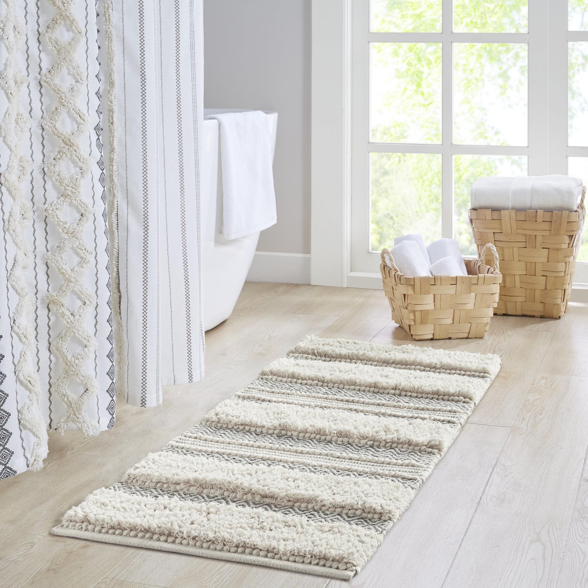 Asher Natural and Gray Cotton Blend Striped Bath Rug