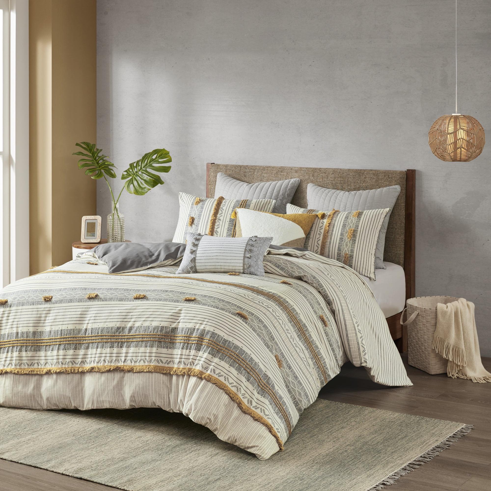 Ink+Ivy 3pc Full/Queen Cody Cotton Duvet Cover Set Yellow/Gray: Woven Stripe, Oeko-Tex Certified, Hidden Button Closure