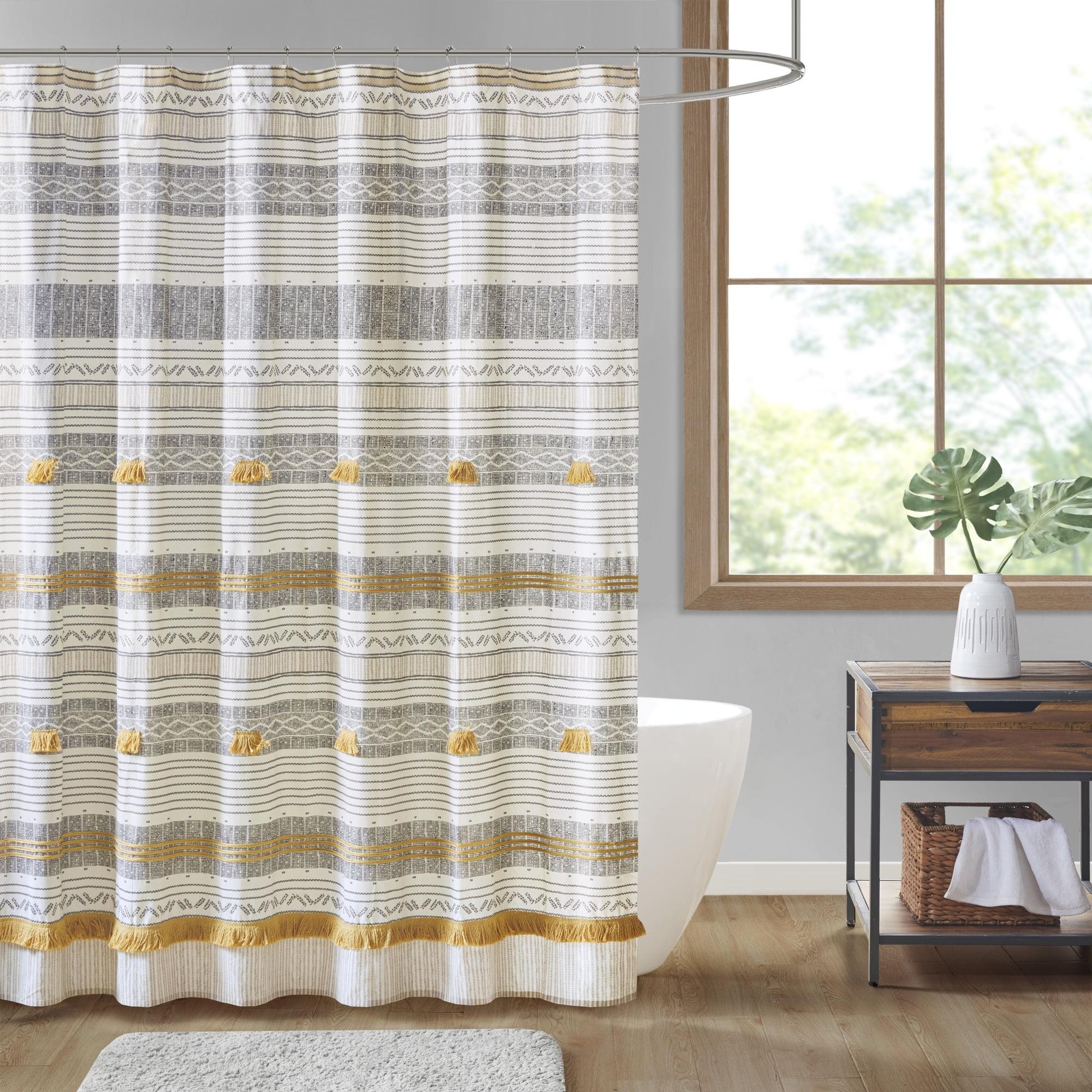 Gray and Yellow Cotton Striped Shower Curtain with Tassels