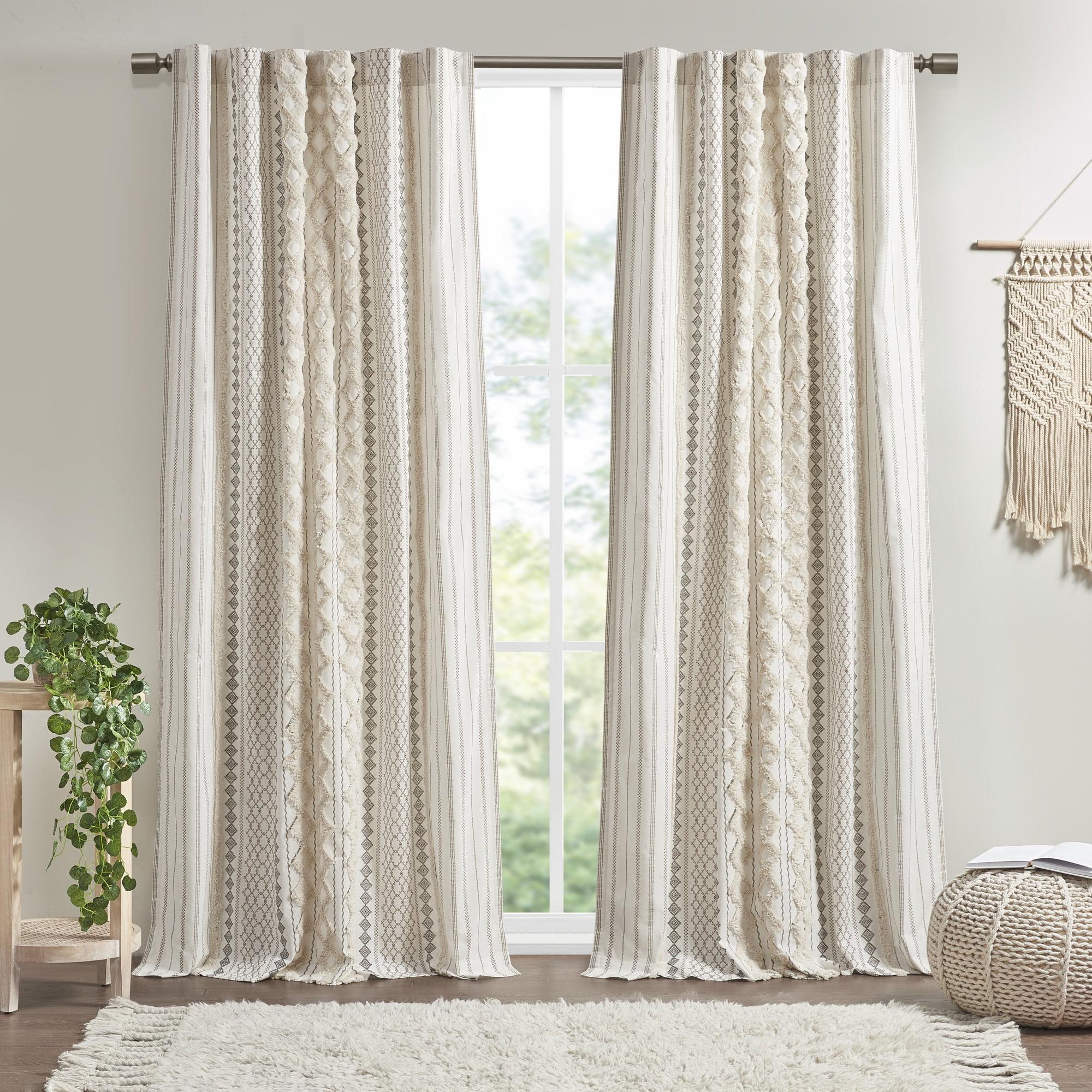 INK+IVY Imani Cotton Printed Curtain Panel with Chenille Stripe and Lining, Ivory, 50x95"