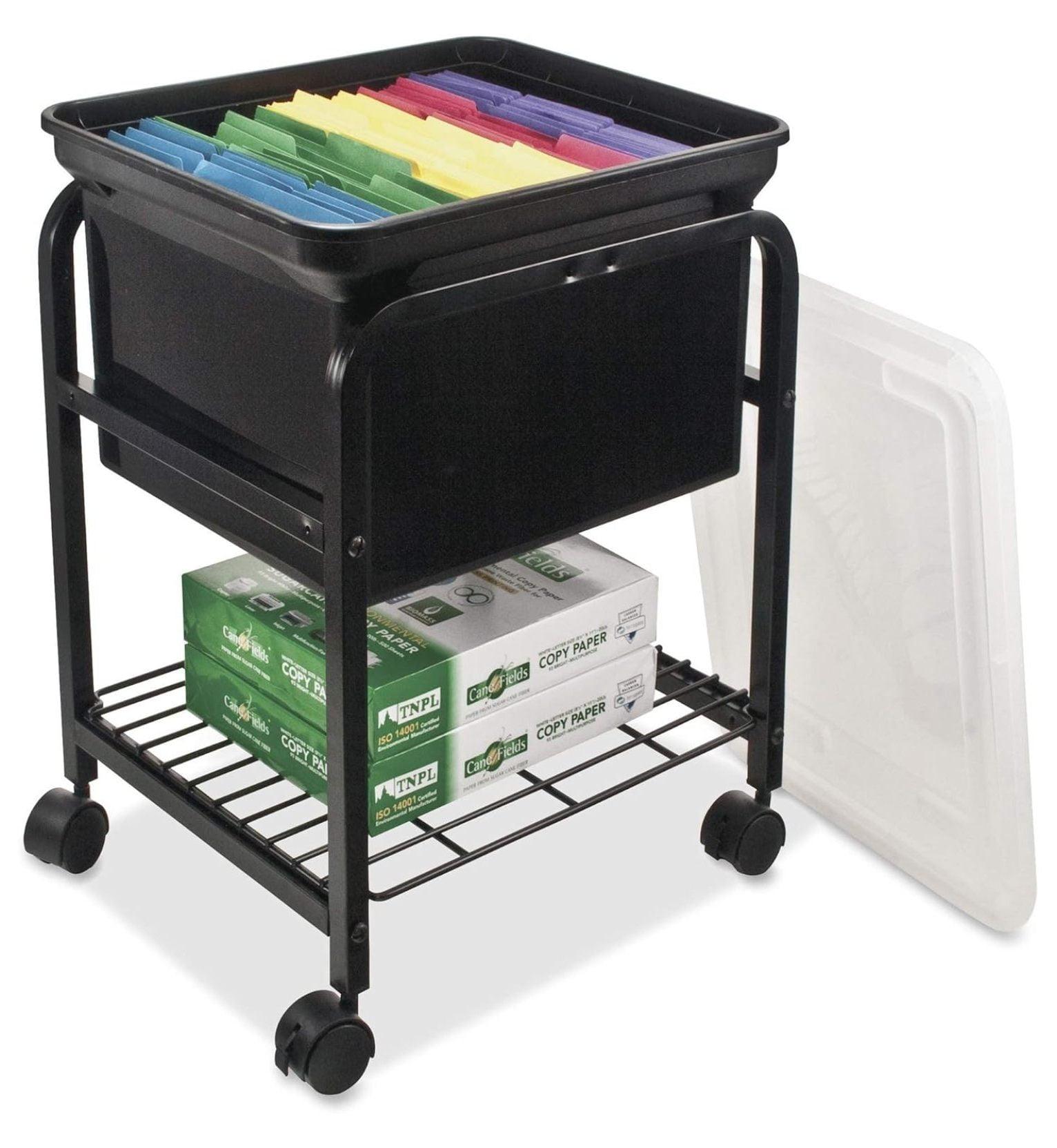 Black Metal Rolling File Cart with Clear Lid and Storage Shelf