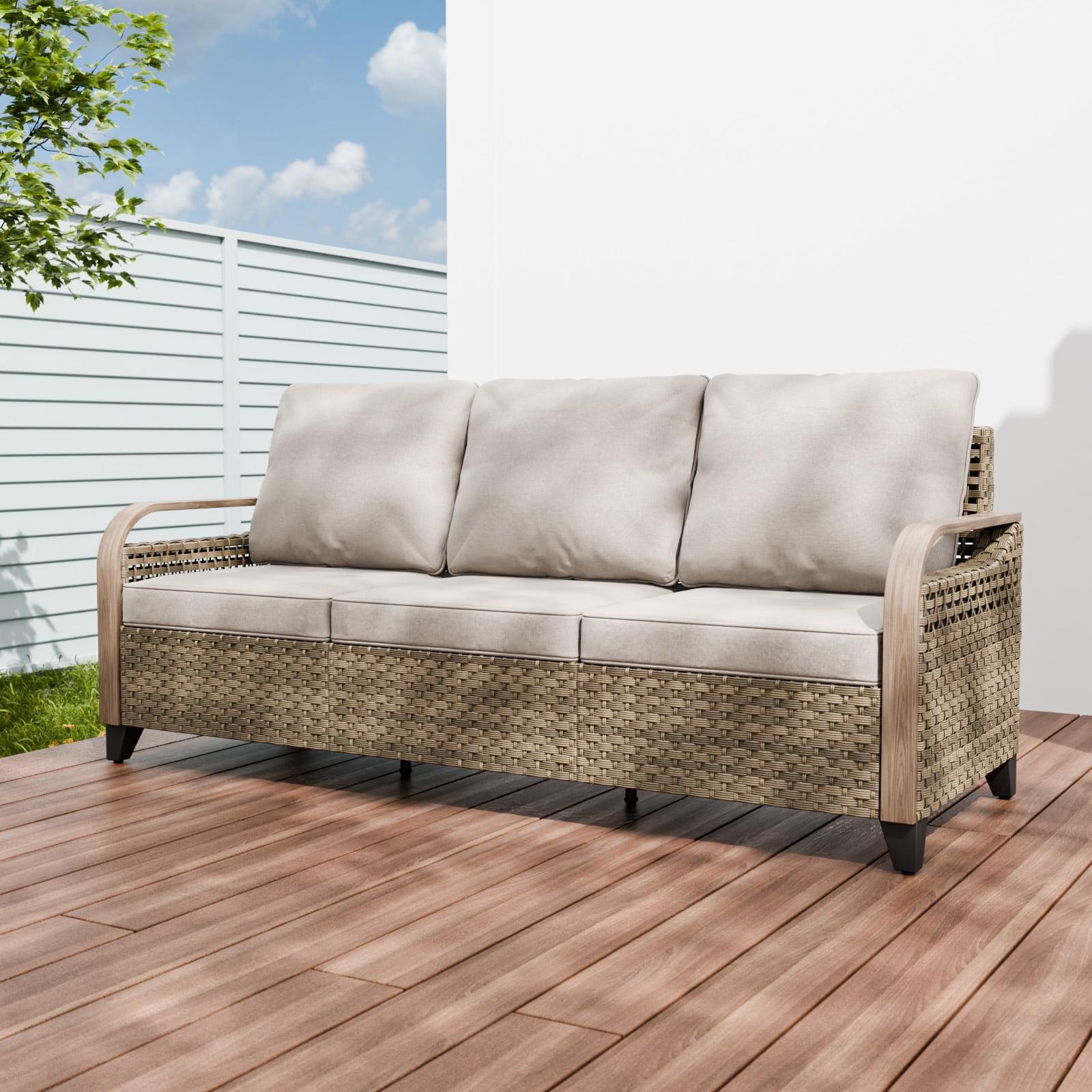 COOS BAY Patio Outdoor Brown Wicker Rattan 3-Seat Sofa with Gray Cushions for Yard Porch Pool