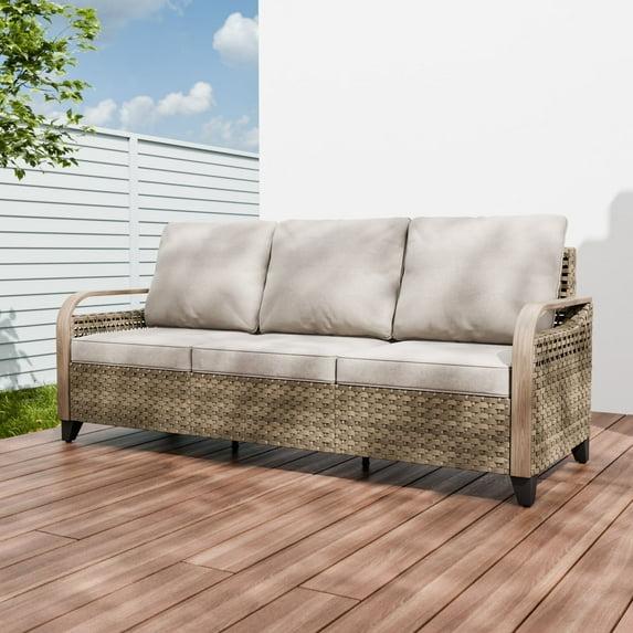 COOS BAY Patio Outdoor Brown Wicker Rattan 3-Seat Sofa with Gray Cushions for Yard Porch Pool