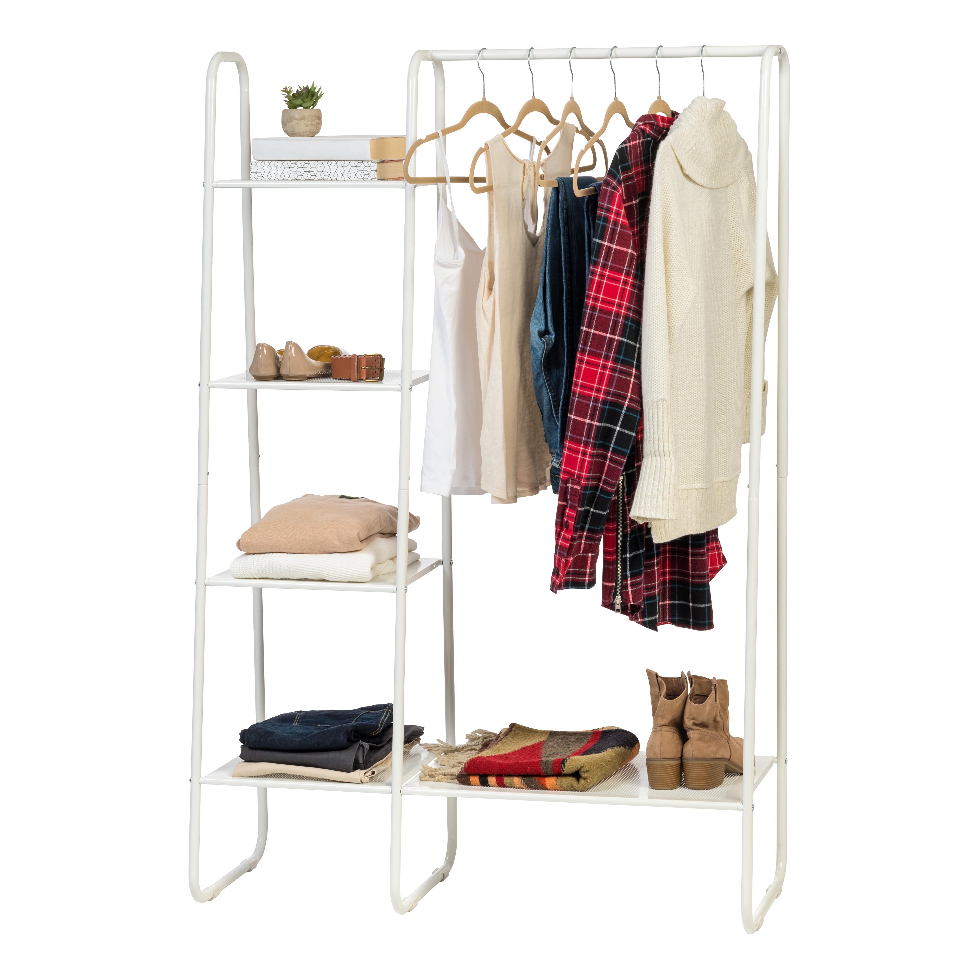 IRIS USA Clothes Rack with 4 Metal Shelves, Freestanding for Hanging Clothes, White