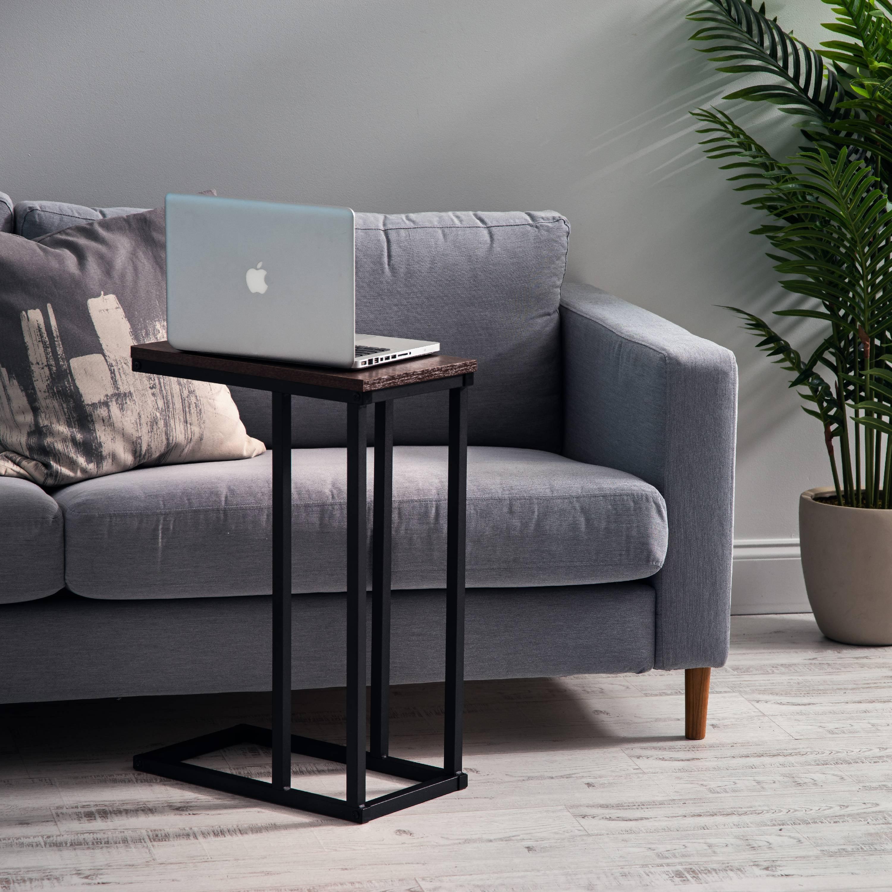 Versatile C-Shaped Wood and Metal Side Table in Classic Brown