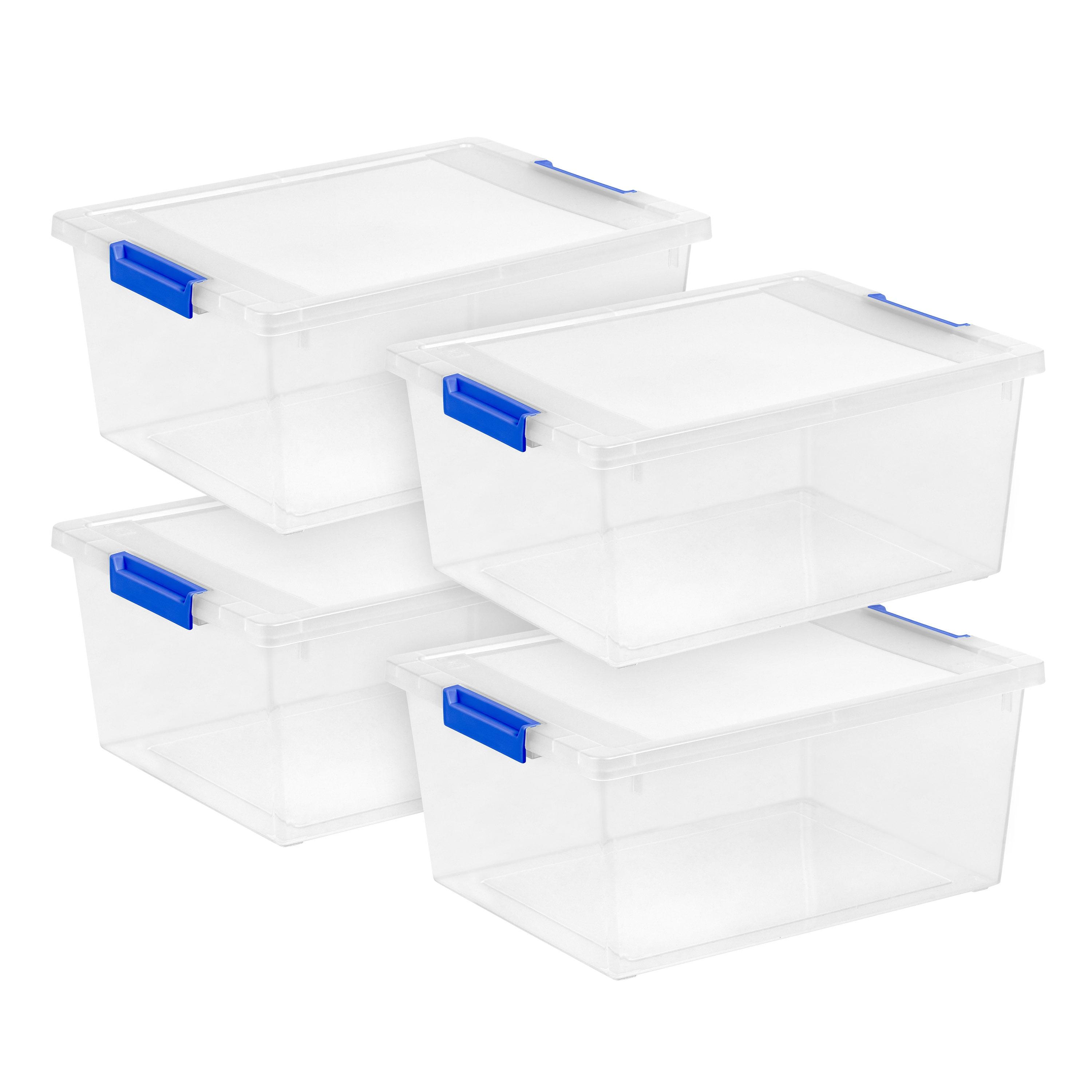 Clear Stackable Plastic Storage Boxes with Blue Latches, 12 Qt, Set of 4