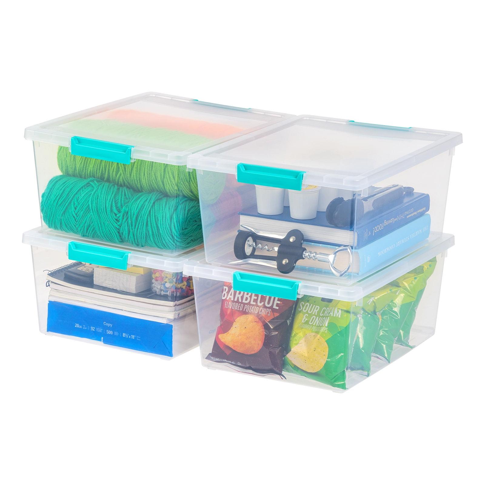IRIS USA 12 Qt. Large Deep Clip Box, 4 Pack, Clear Plastic Storage Container Bins with Latching Lids, Seafoam Blue Buckles