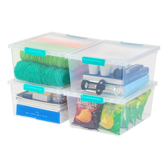 IRIS USA 12 Qt. Large Deep Clip Box, 4 Pack, Clear Plastic Storage Container Bins with Latching Lids, Seafoam Blue Buckles