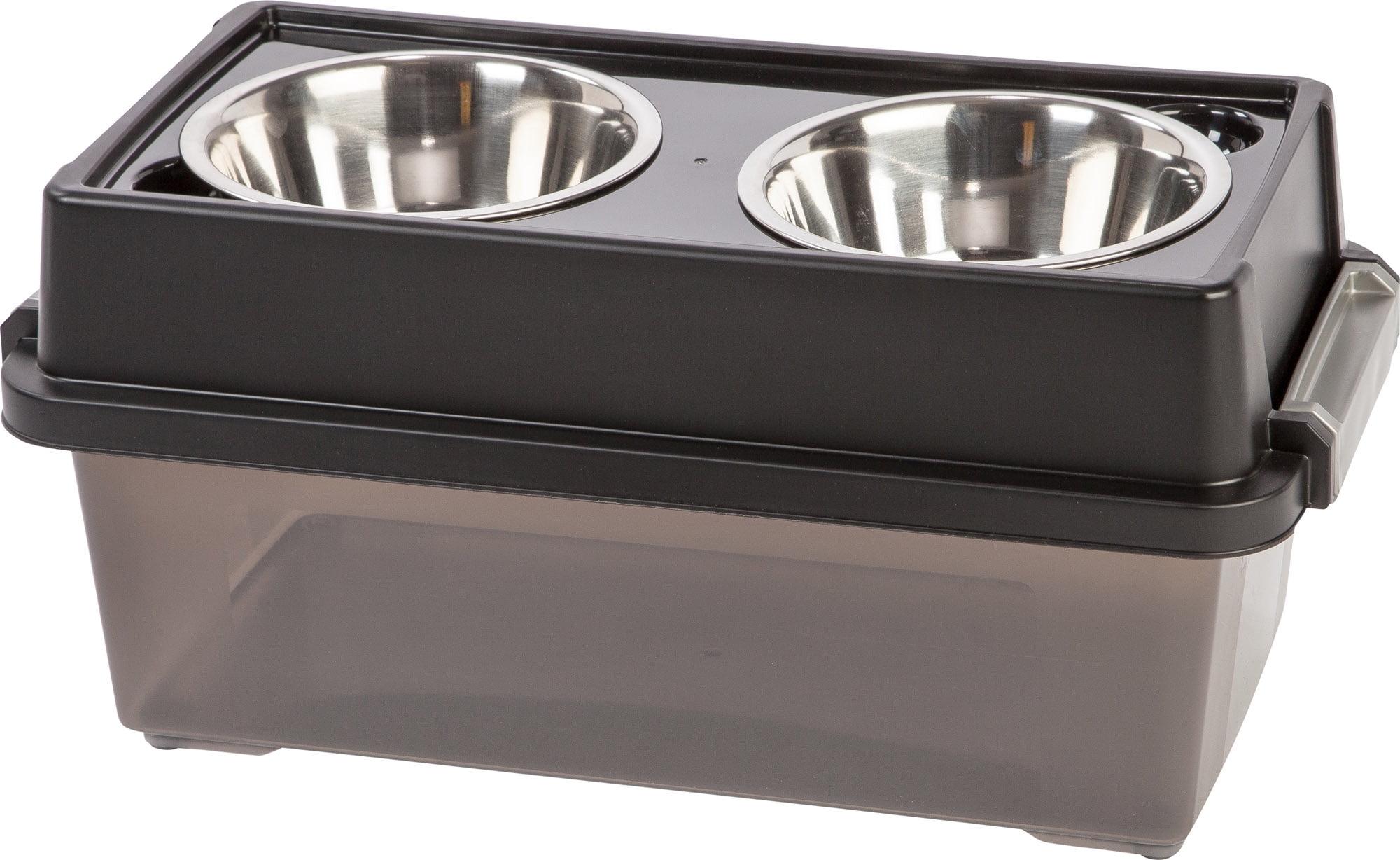 Black Elevated Dog Feeder with Airtight Storage and Stainless Steel Bowls