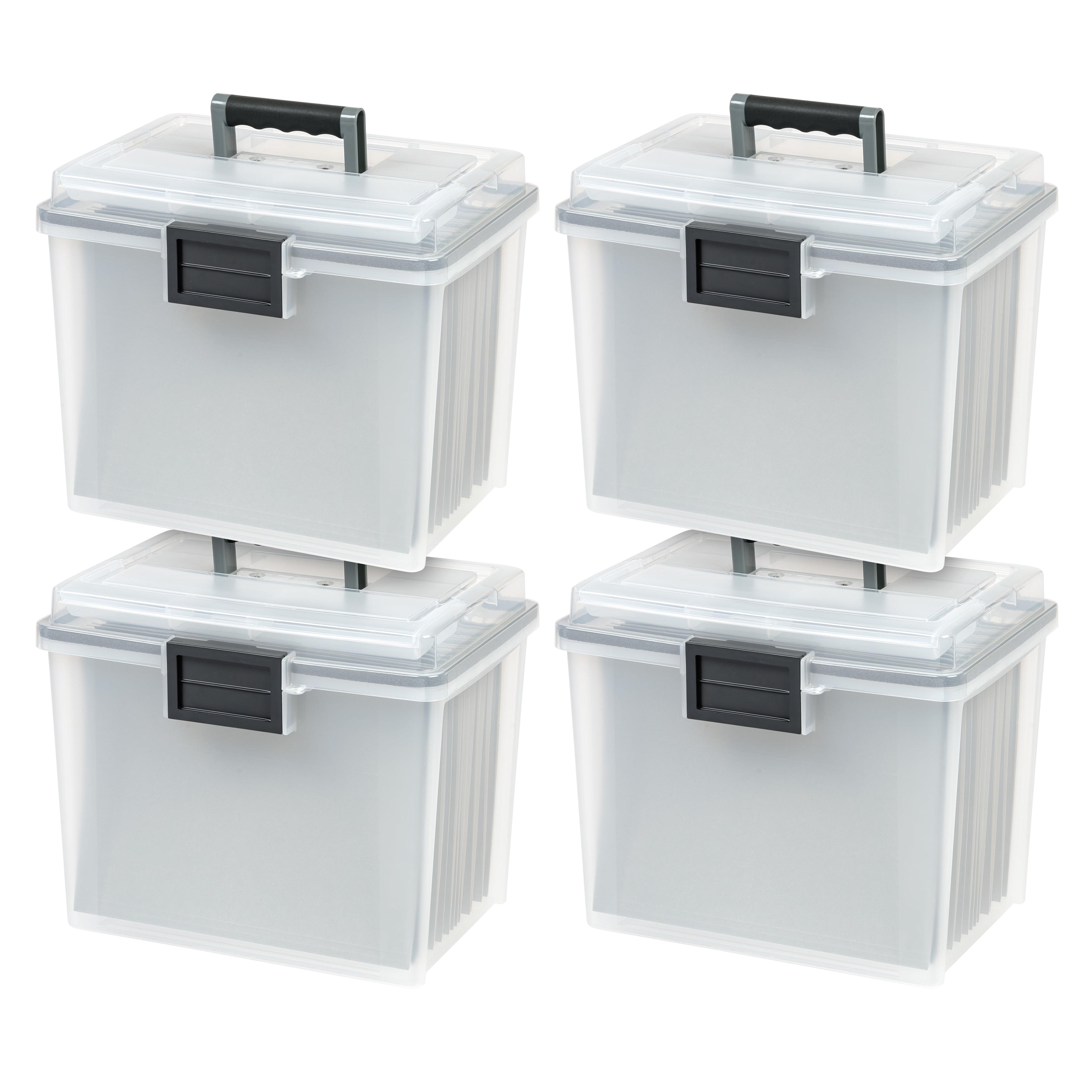 IRIS USA File Box WeatherPro Portable File Organizer Plastic File Box for Letter File w/ Organizer-Lid, Clear 19 Qt. 4 Pack