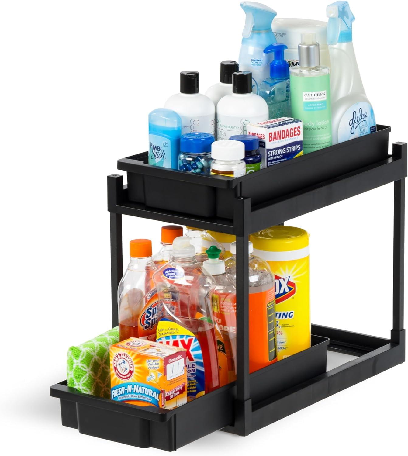 IRIS USA 2-Tier Under Sink Organizer, Storage with Sliding Drawers - Versatile solution for Office, Kitchen or Bathroom - Black