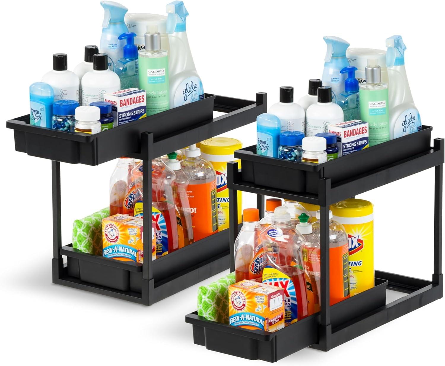 IRIS USA 2-Tier Under Sink Organizer, Storage with Sliding Drawers - Versatile solution for Office, Kitchen or Bathroom - Black