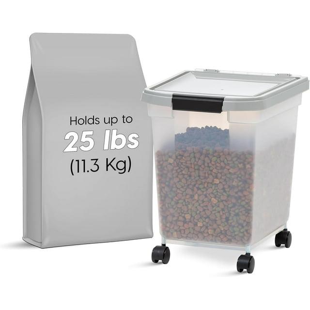 IRIS USA 25 Lbs / 32.5 Qt WeatherPro Airtight Pet Food Storage Container with Removable Casters, Clear/Gray