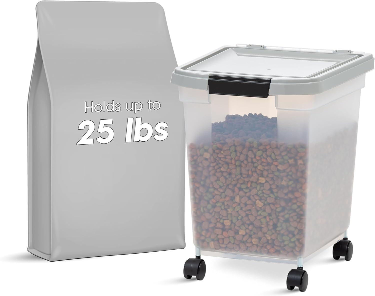 IRIS USA 25 Lbs / 32.5 Qt WeatherPro Airtight Pet Food Storage Container with Removable Casters, Clear/Gray