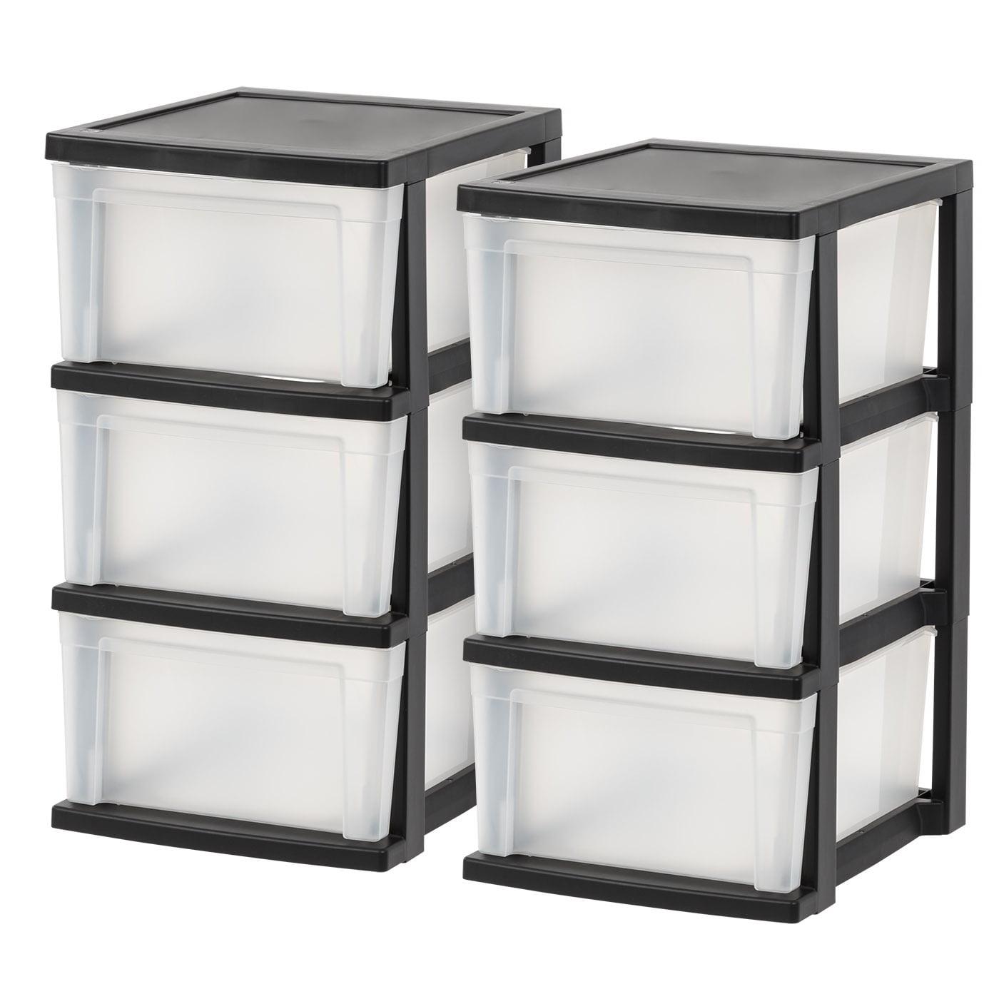 IRIS USA 3-Drawer Plastic Storage Dresser, 2-Pack, Standing Organizer Storage Container Bin with Drawers for Clothes Crafts Classroom, Black/Clear
