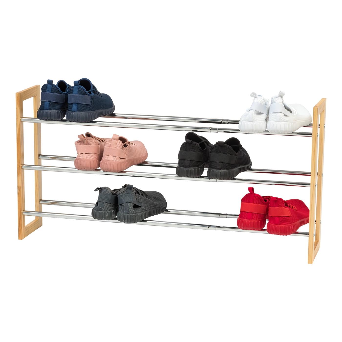 Expandable Pine Wood and Metal 3-Tier Shoe Rack