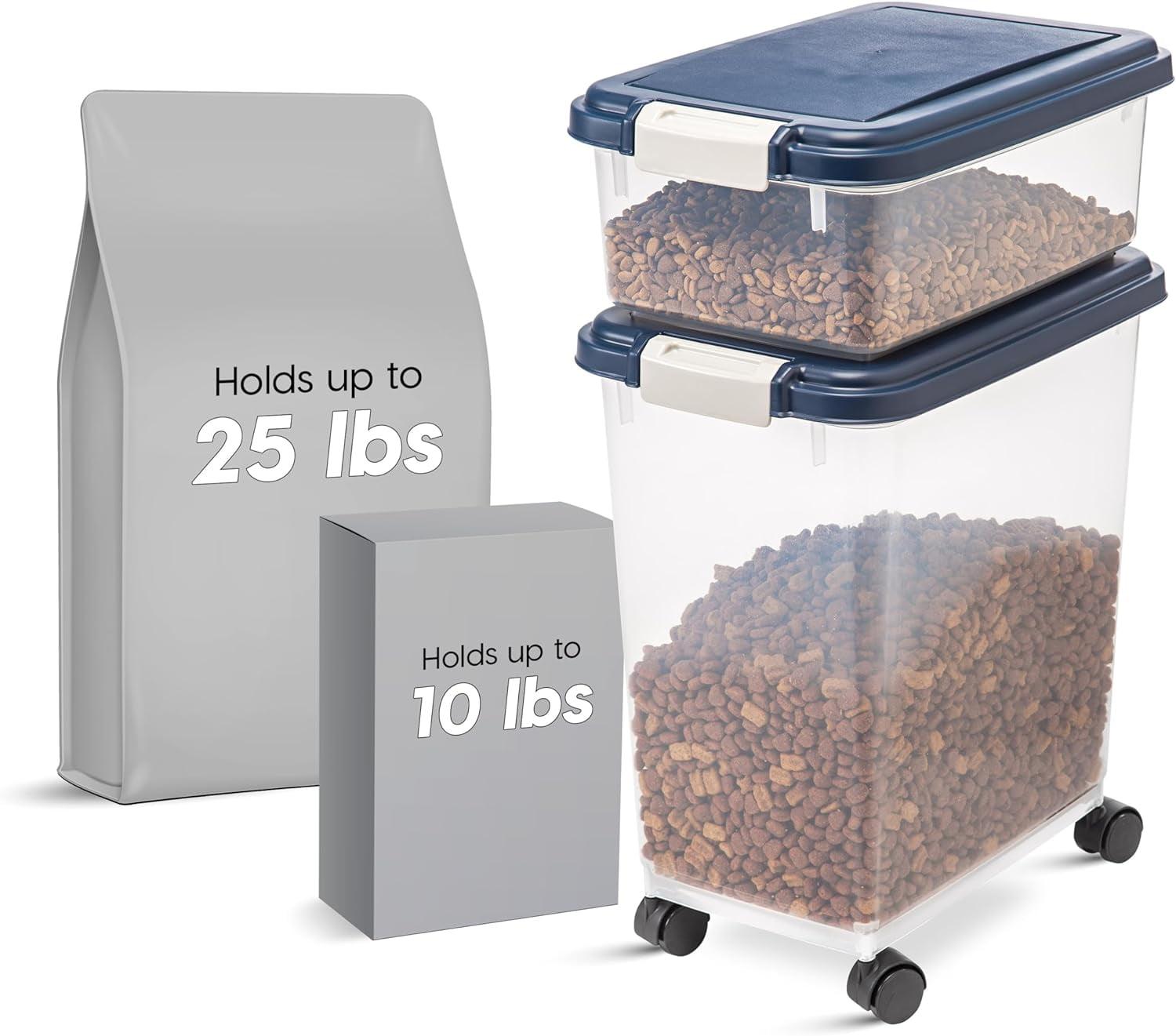 IRIS USA 30 lbs & 11 lbs Combo Airtight Dog Food Storage Container, Stackable Treat Box, Casters, Keep Fresh, Easy Mobility, Navy