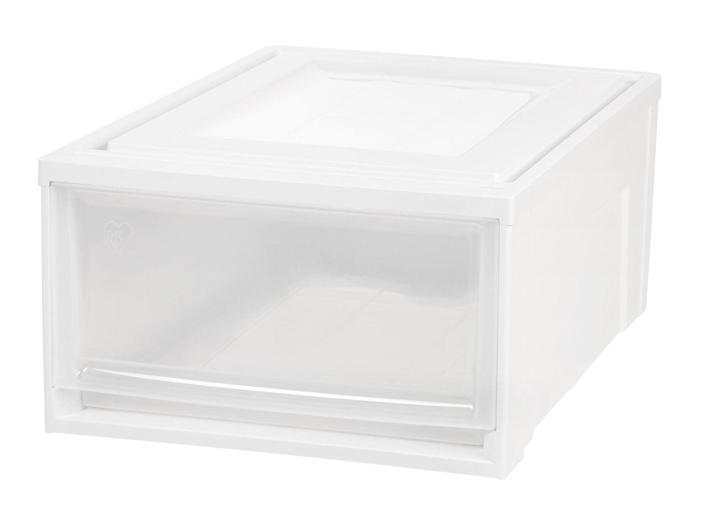 Medium White Plastic Stackable Storage Bin with Clear Drawer