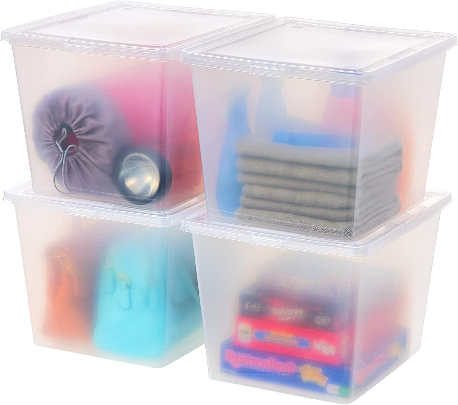 Clear Plastic Stackable Lidded Storage Boxes, 36qt, 4 Pack