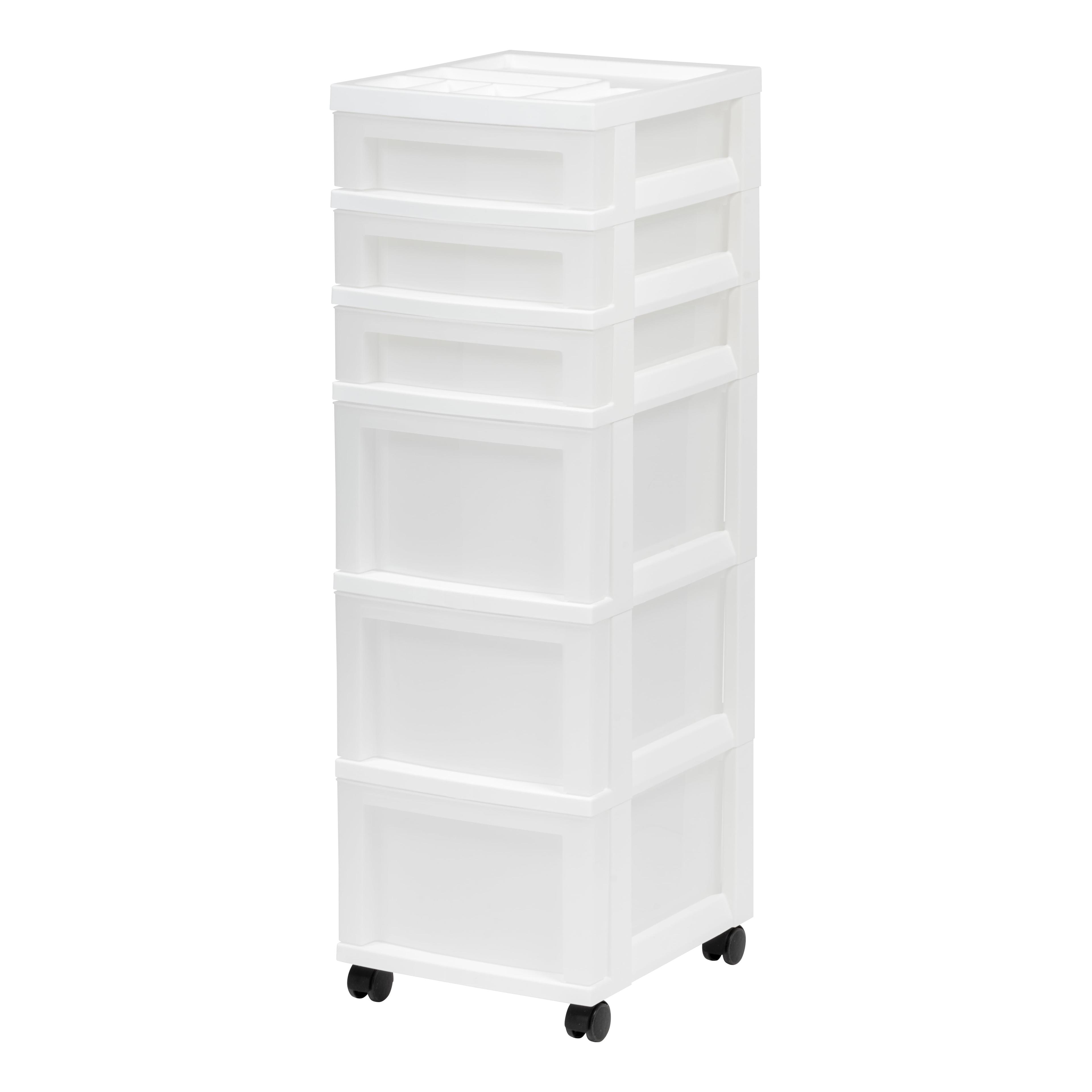 Iris White 6-Drawer Storage Tower with Organizer Top and Wheels