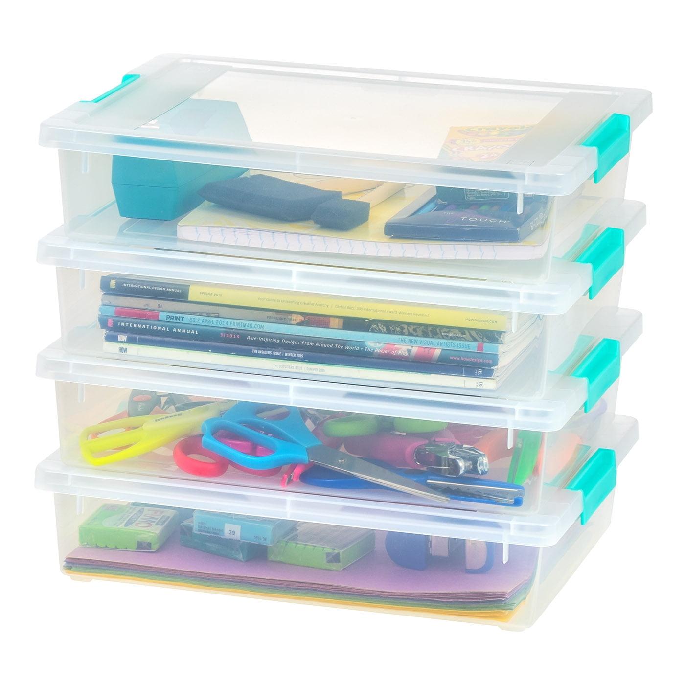 IRIS USA 6 Quart Large Clip Box, 4 Pack, Clear Plastic Storage Container Bins with Latching Lid, Seafoam Blue Buckles