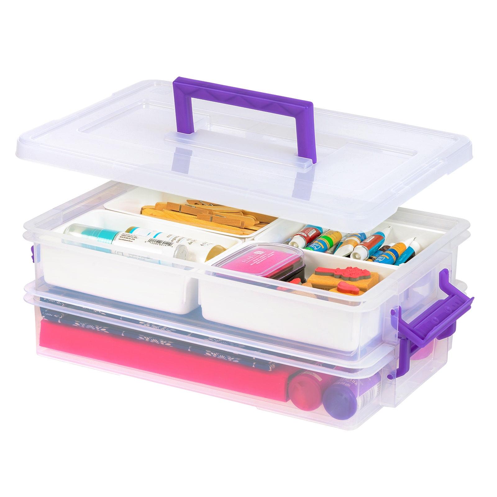 IRIS USA 9.4 Qt 2 Layer Stack and Carry Storage Containers with Bulked-Up Lid and 4 Removable Dividers, Clear/Violet