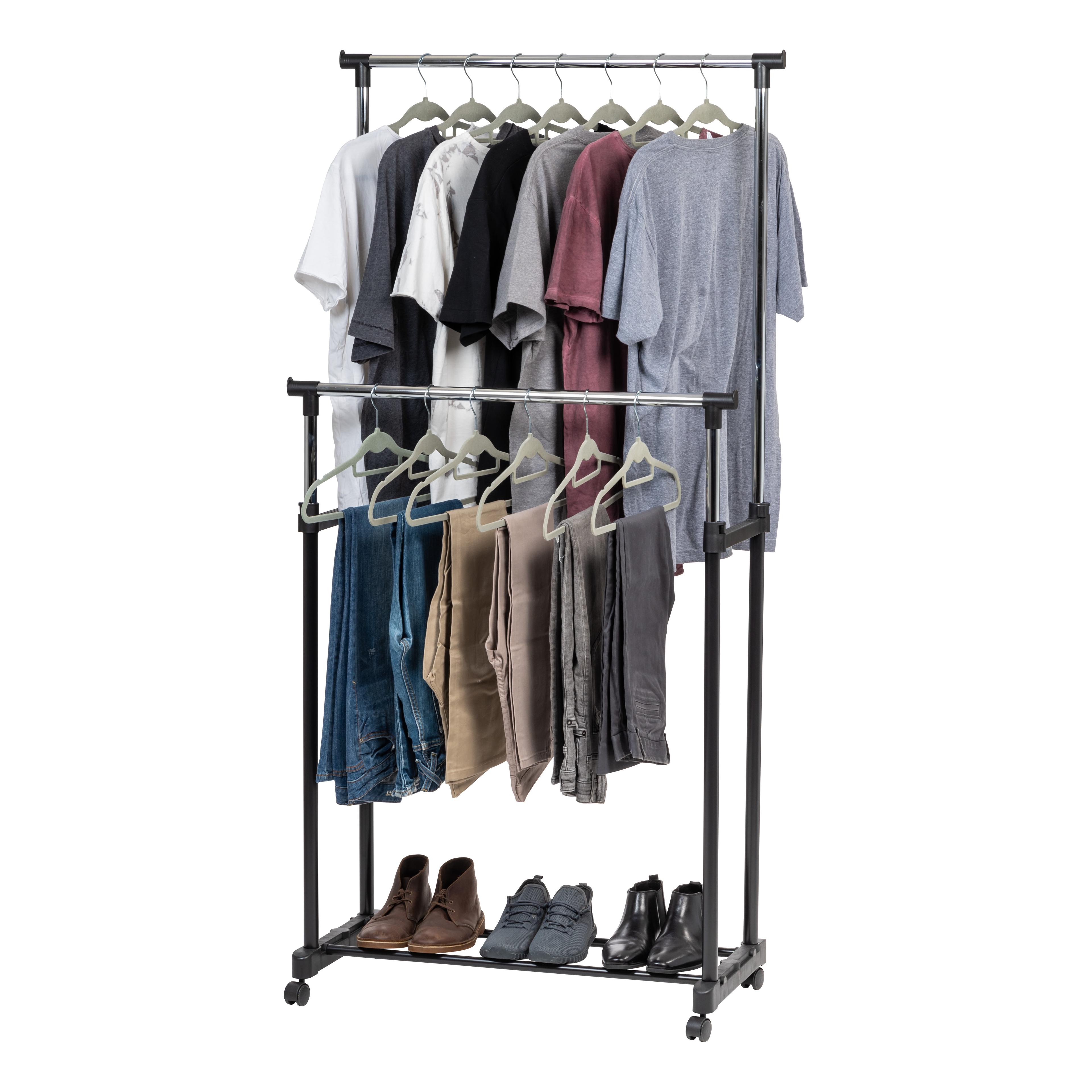 Adjustable Black Double Rod Clothes Rack with Wheels