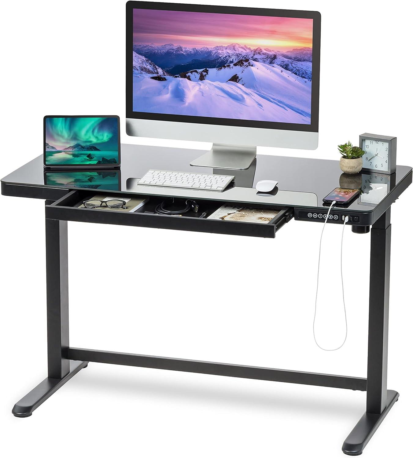 Adjustable Glass Top Metal Base Standing Desk