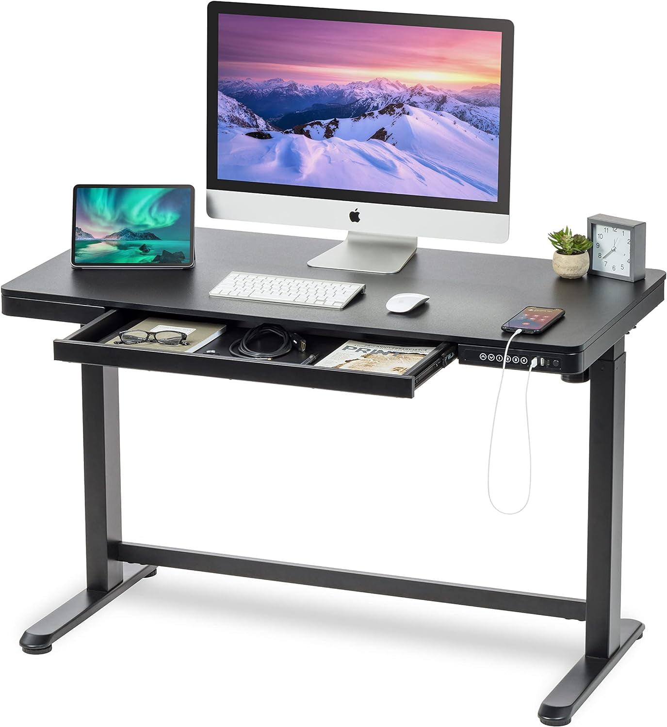 Black Adjustable Height Standing Desk with USB Port and Drawer