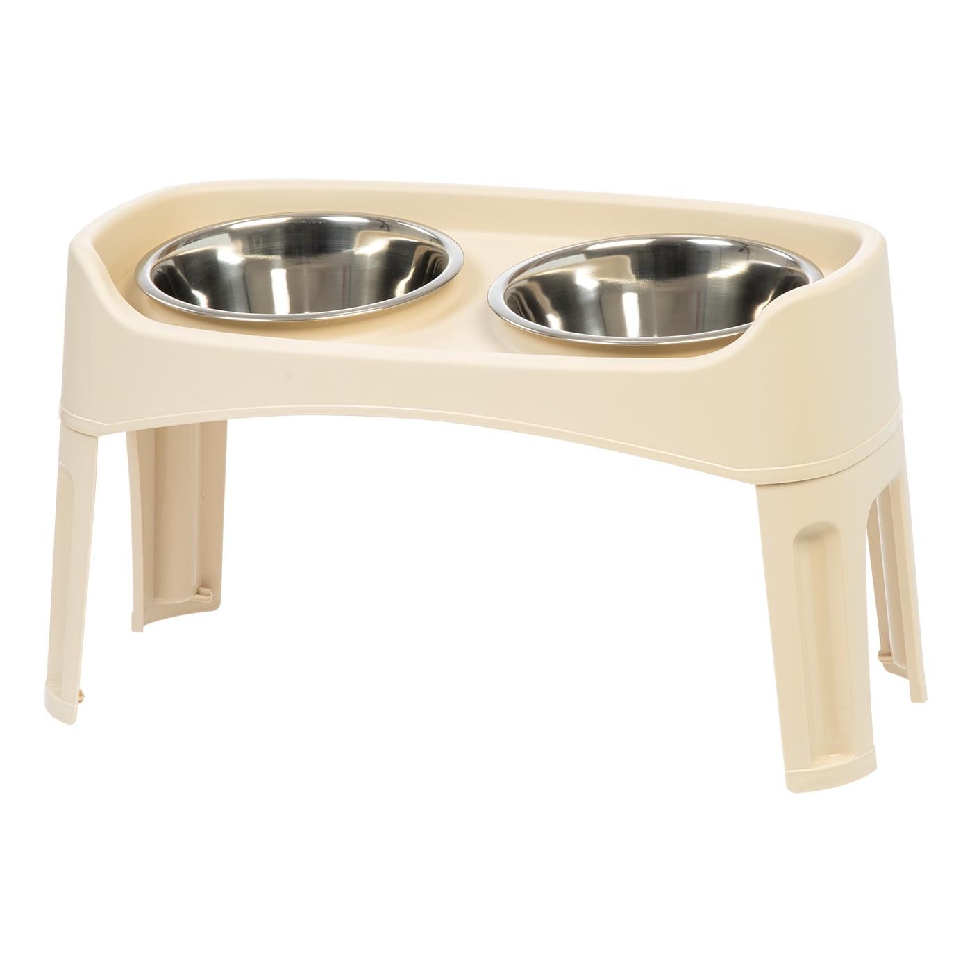 Beige Plastic Elevated Feeder with Stainless Steel Bowls