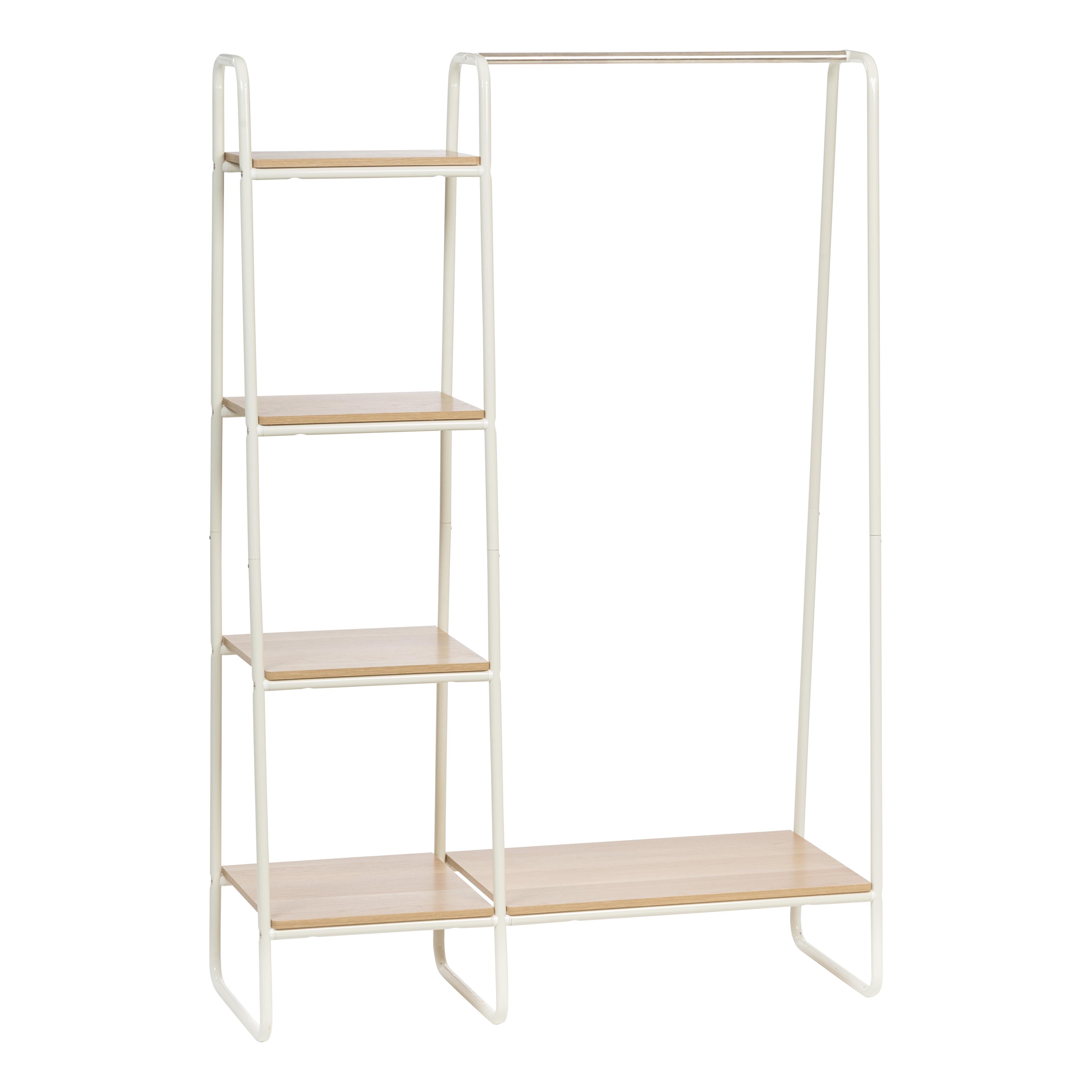 White Metal Garment Rack with Light Brown Wood Shelves