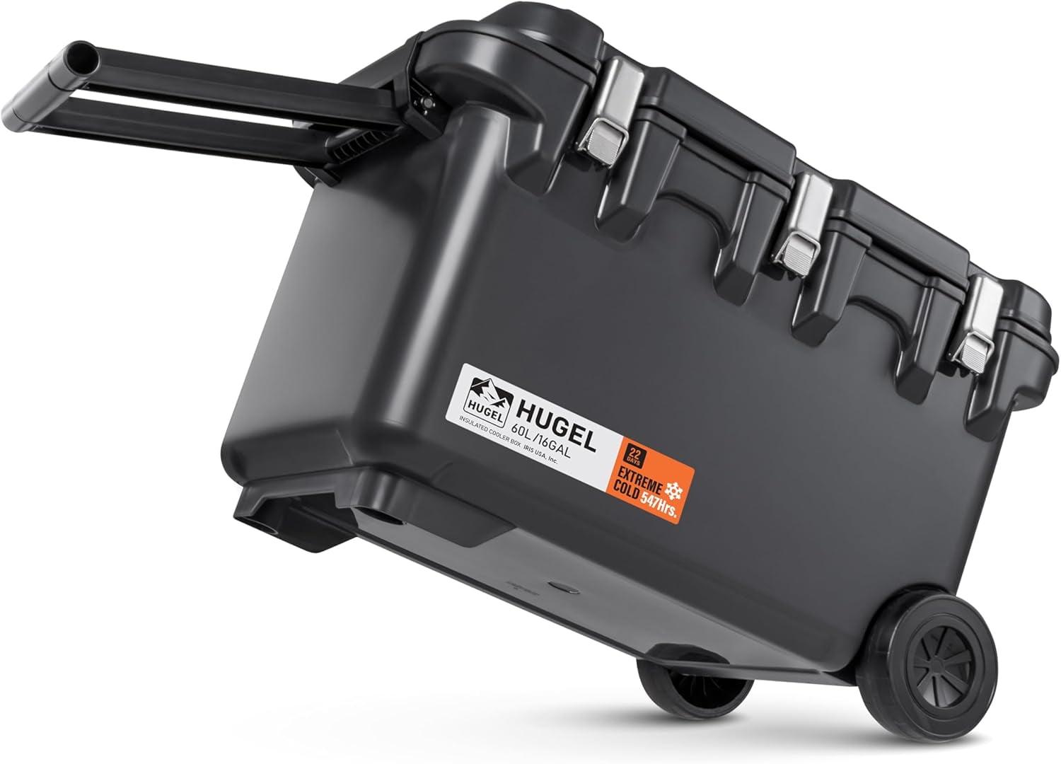IRIS USA HUGEL 64 QT Cooler Box Insulated, Hard Cooler, Vacuum-Insulated Panels Durable Portable Ice Chest with Built-in Handle and Wheels, Black
