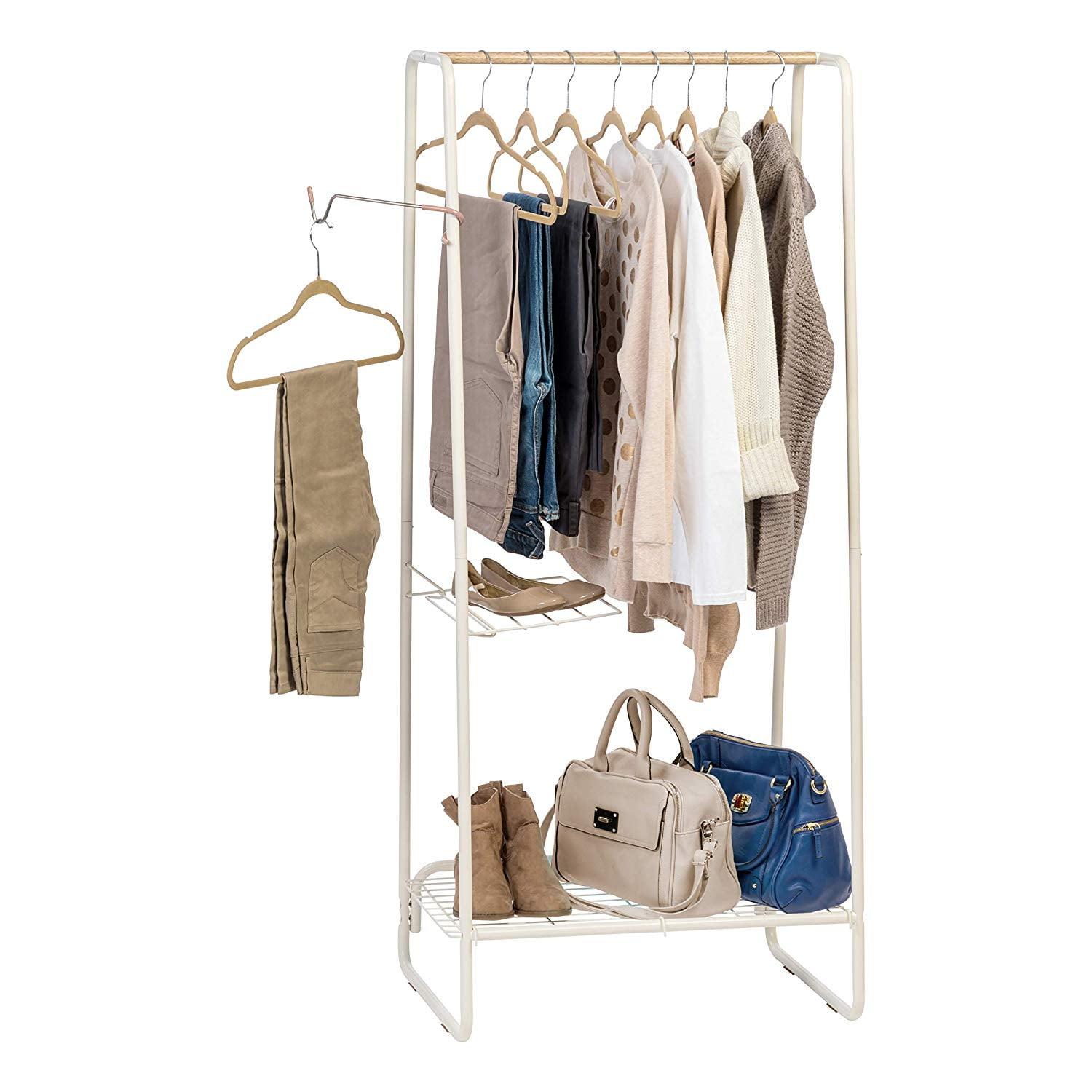 White Portable Metal Garment Rack with Wood Shelf