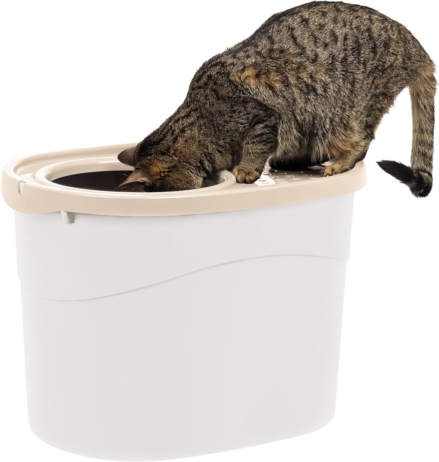 IRIS USA Oval Top Entry Cat Litter Box with Litter Catching Lid, Privacy Walls and Scoop