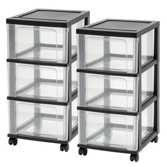 IRIS USA Set of 2 Plastic 3 Drawer Slim Narrow Storage Drawer Cart with 4 Caster Wheels for Home, Closet, Bedroom, Bathroom, Office, Laundry, Black