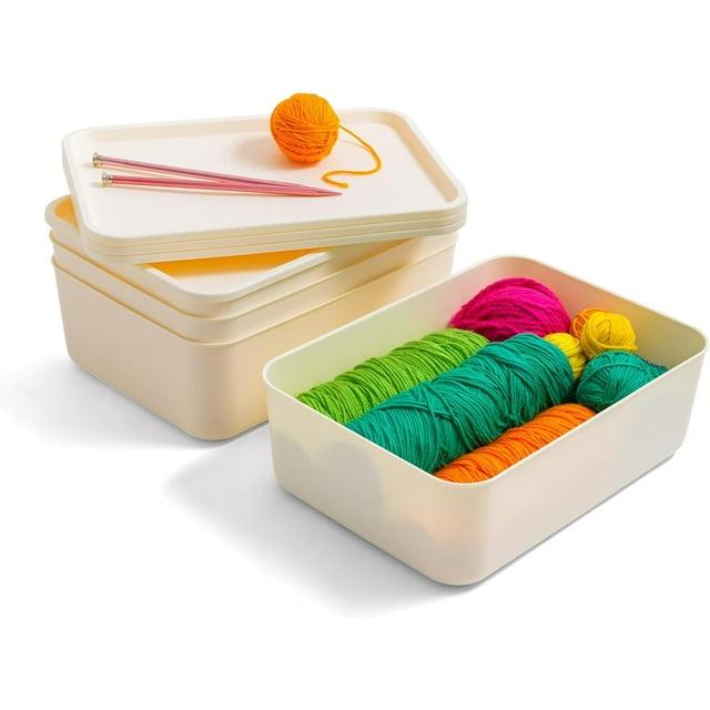 IRIS USA Plastic Modular Basket Bin & Lid, Medium, 4-Pack, Stackable Lidded Storage Organizer Bins for-Kitchen-Bathroom and Bedroom, OFF White