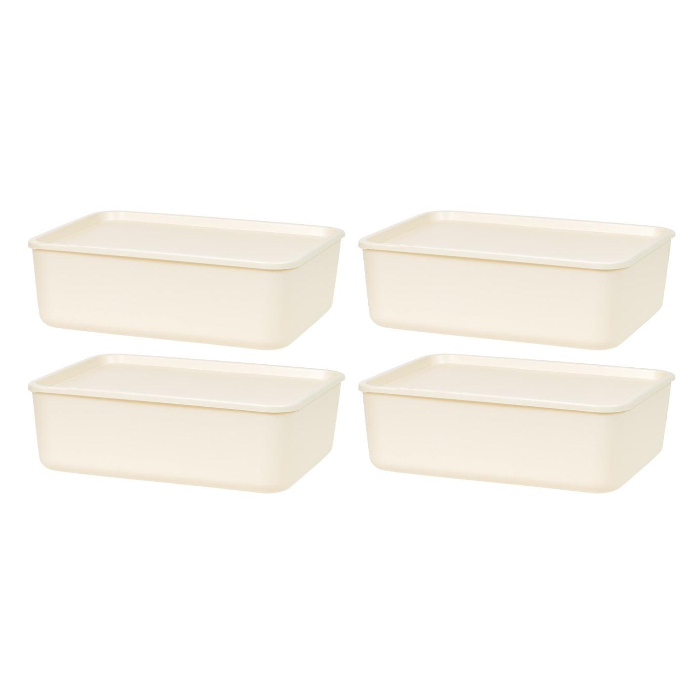 IRIS USA Plastic Modular Basket Bin & Lid, Medium, 4-Pack, Stackable Lidded Storage Organizer Bins for-Kitchen-Bathroom and Bedroom, OFF White