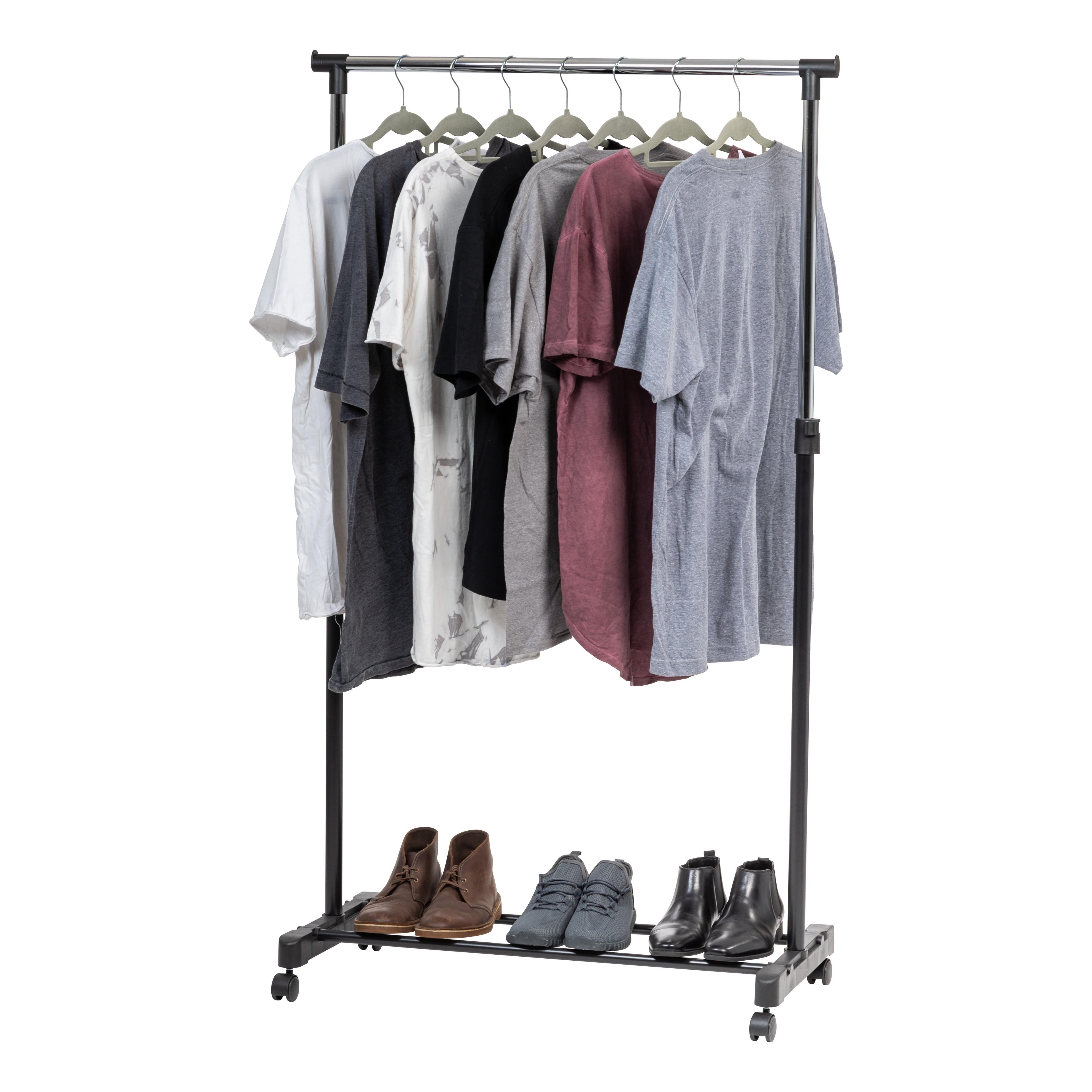 Adjustable Black Metal Single Rod Garment Rack with Wheels