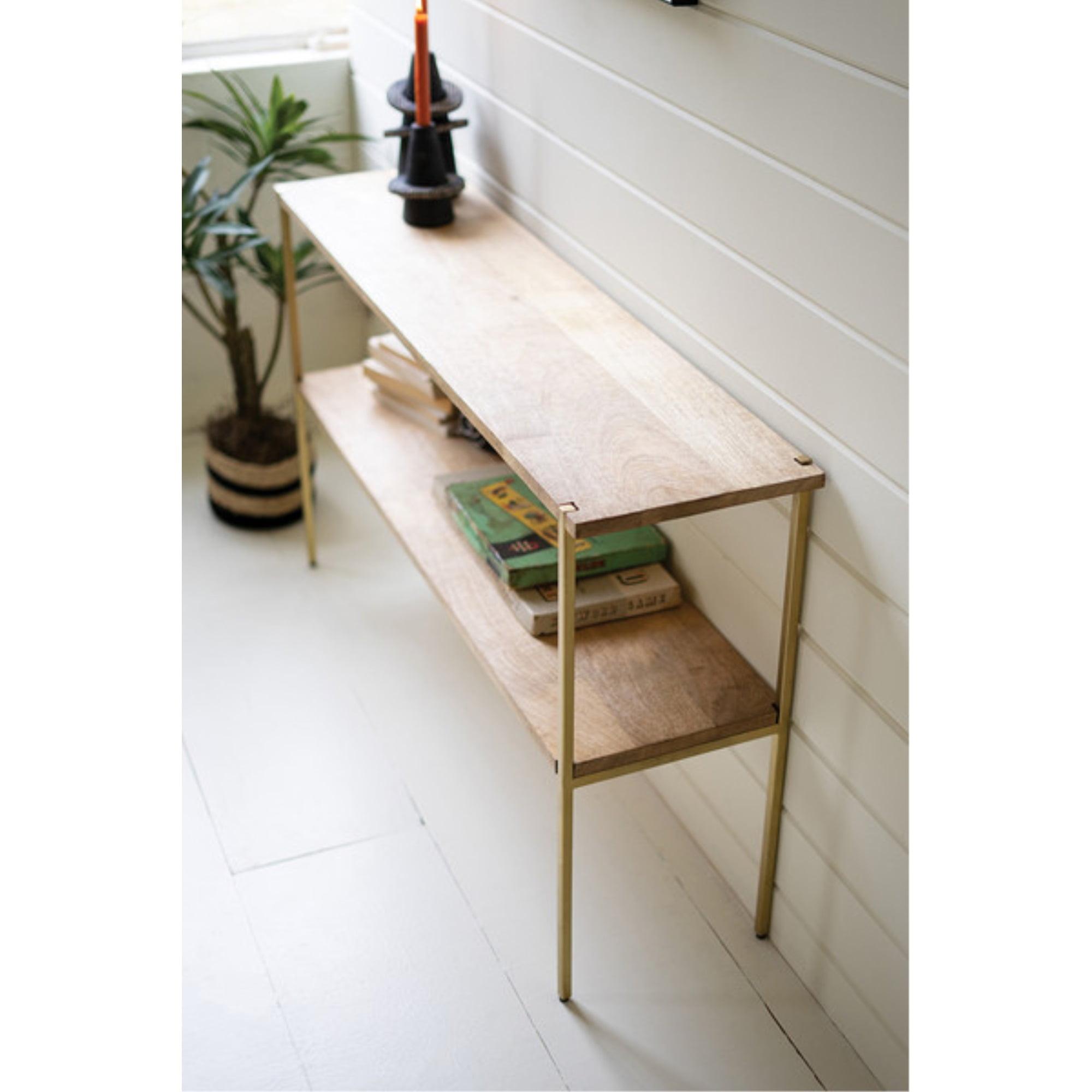 Kalalou Natural Brass Matte Iron Console Table with Mango Wood Shelves