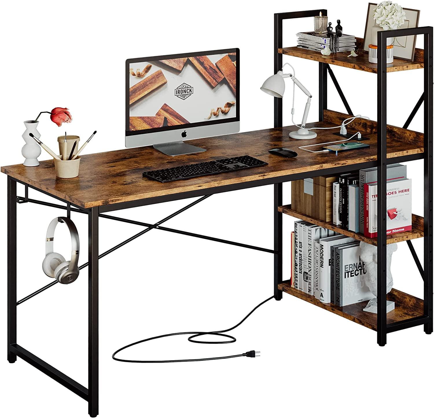 IRONCK Computer Desk 55" with Power Outlet & Storage Shelves for Home Office Rustic Brown