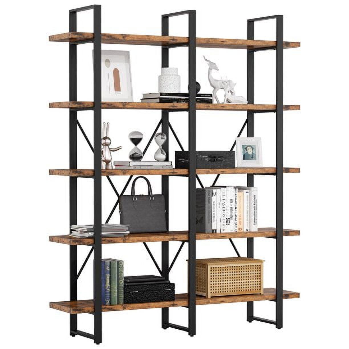 Vintage Brown Industrial 5-Tier Adjustable Bookshelf with Metal Frame