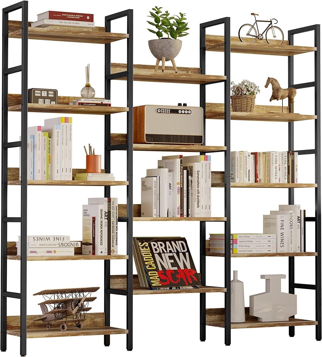 Industrial Brown Triple Wide Adjustable 5-Tier Bookshelf with Metal Frame