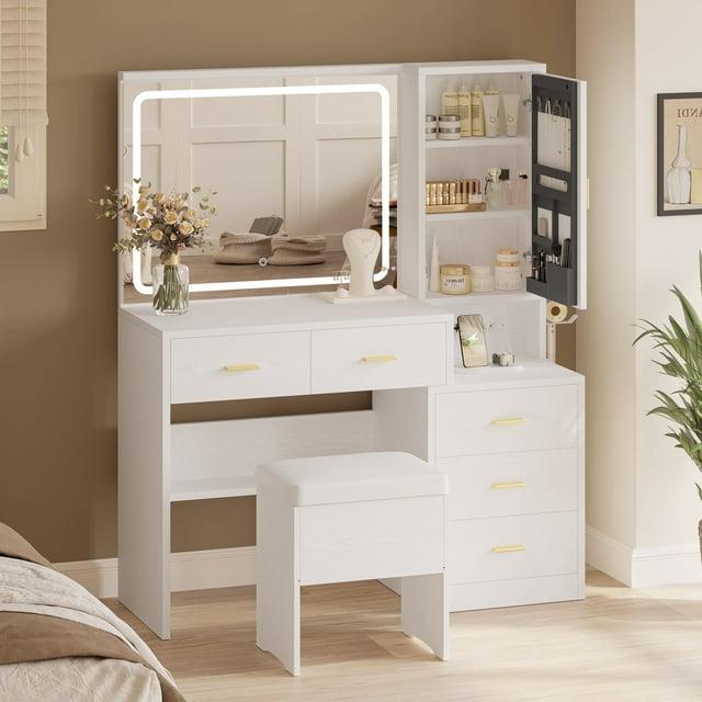 IRONCK Makeup Table Vanity Desk Set with Lighted Mirror, Charging Station, Storage Cabinet and 5 Drawers
