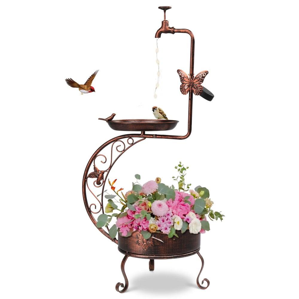 Bronze Metal Bird Bath with Solar Lamp and Planter