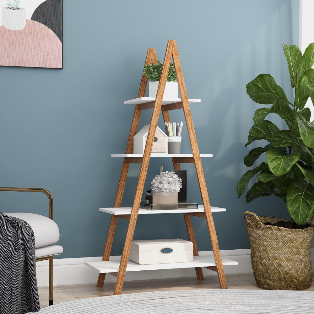 White and Natural Bamboo Wood A-Frame Ladder Bookshelf